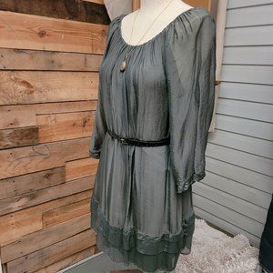 Sofia Made in Italy Off The Shoulder Sage Babydoll  Silk Dress S/M